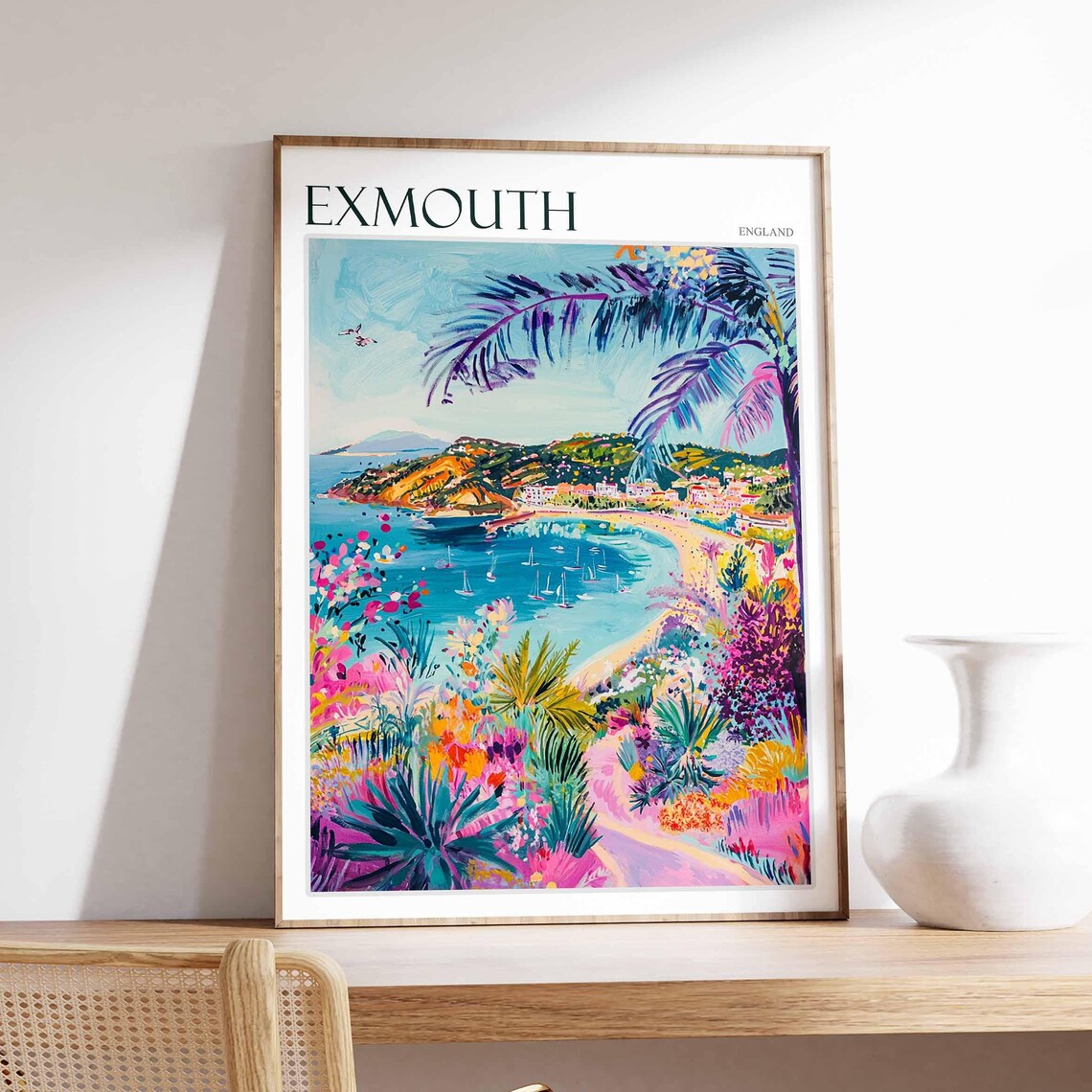 Exmouth England Tropical Bay Palm Trees Vibrant Painting Poster