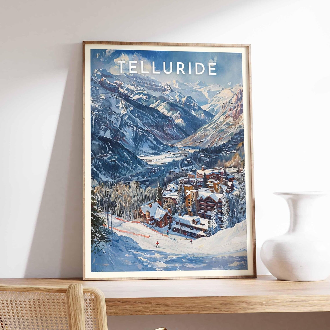 Telluride Watercolor Town Beneath Rugged Snowy Peaks Colorado Poster