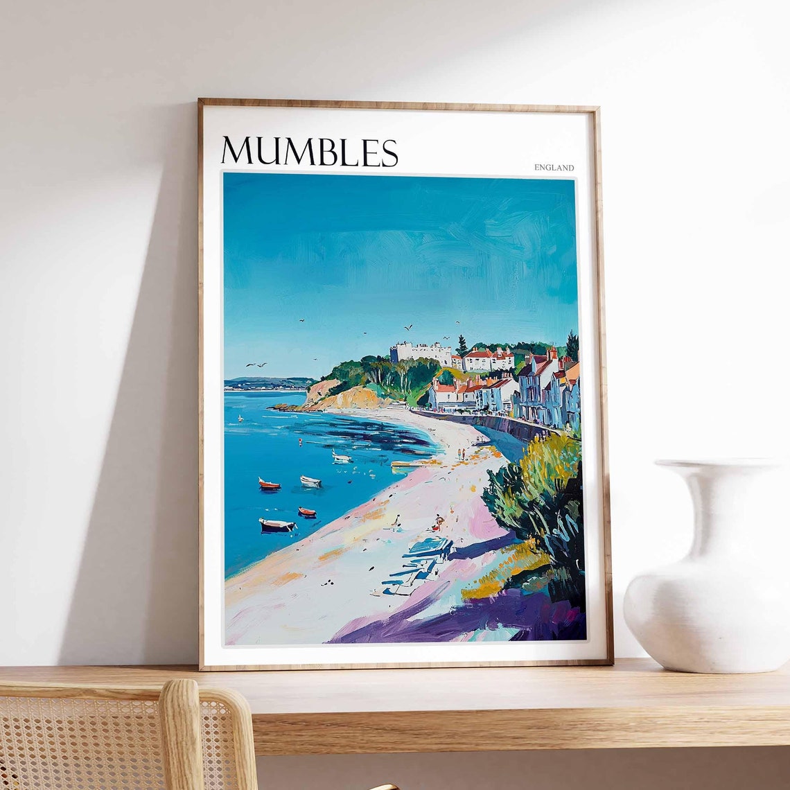Mumbles Colorful Seaside Cliffside Beach England Travel Poster