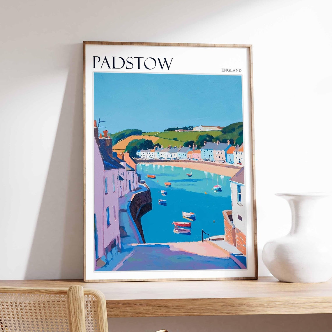 Padstow Colorful Estuary Boats Waterfront England Travel Poster
