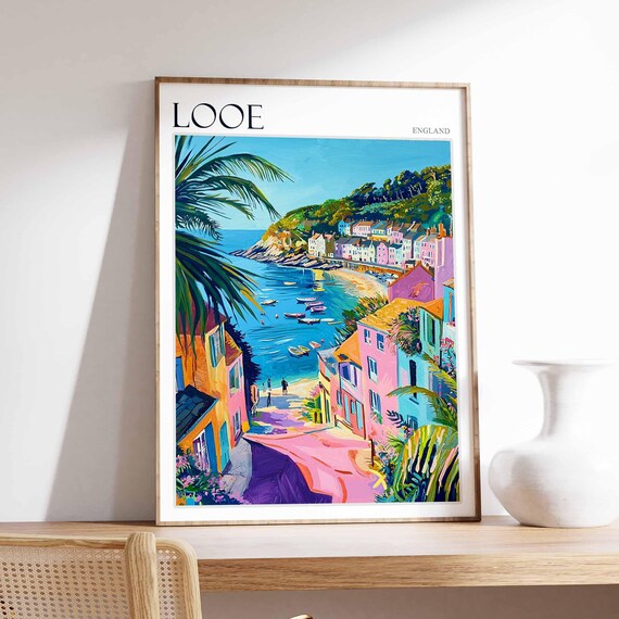Looe England Steep Lane Palm Tree Pink Buildings Harbor View Poster
