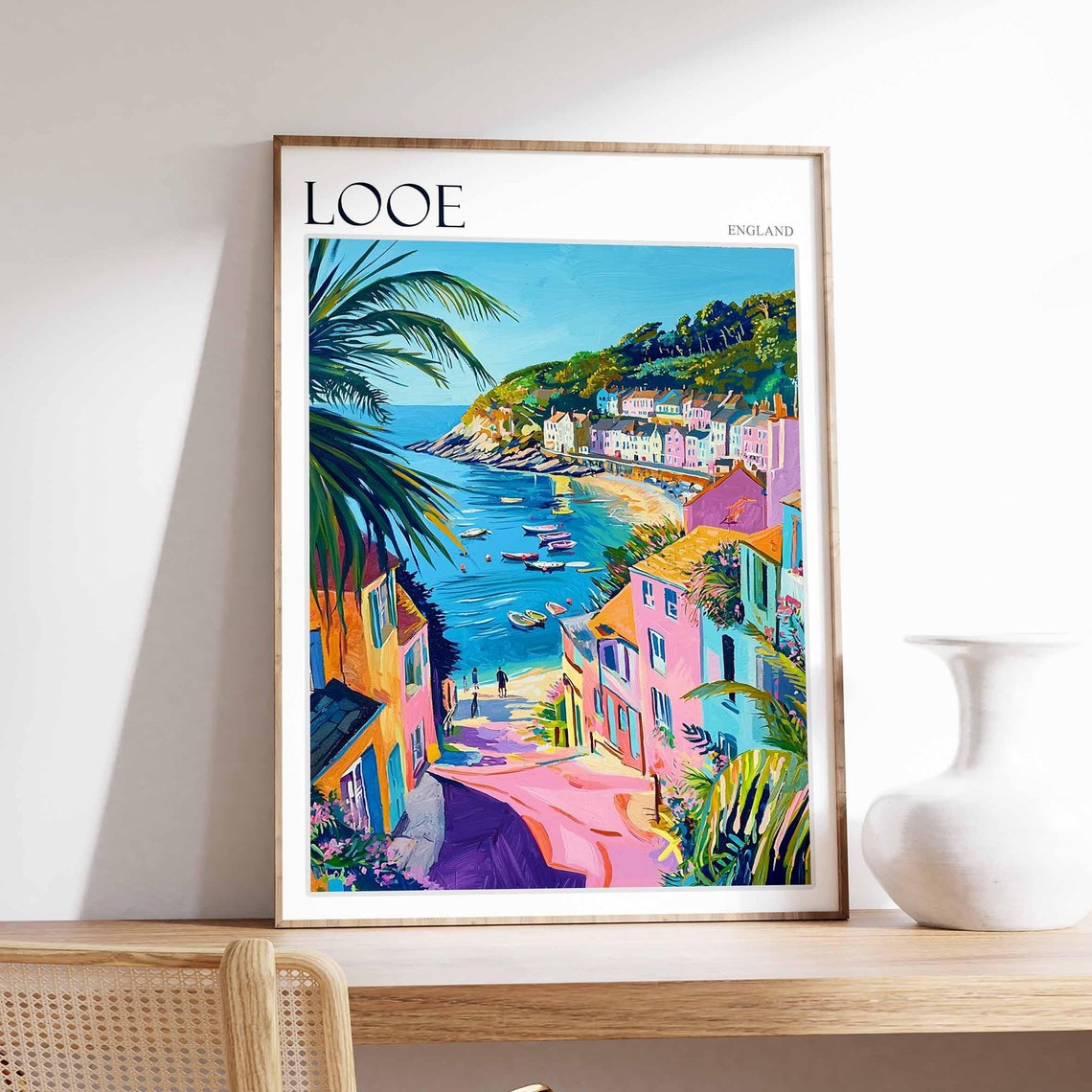 Looe England Steep Lane Palm Tree Pink Buildings Harbor View Poster