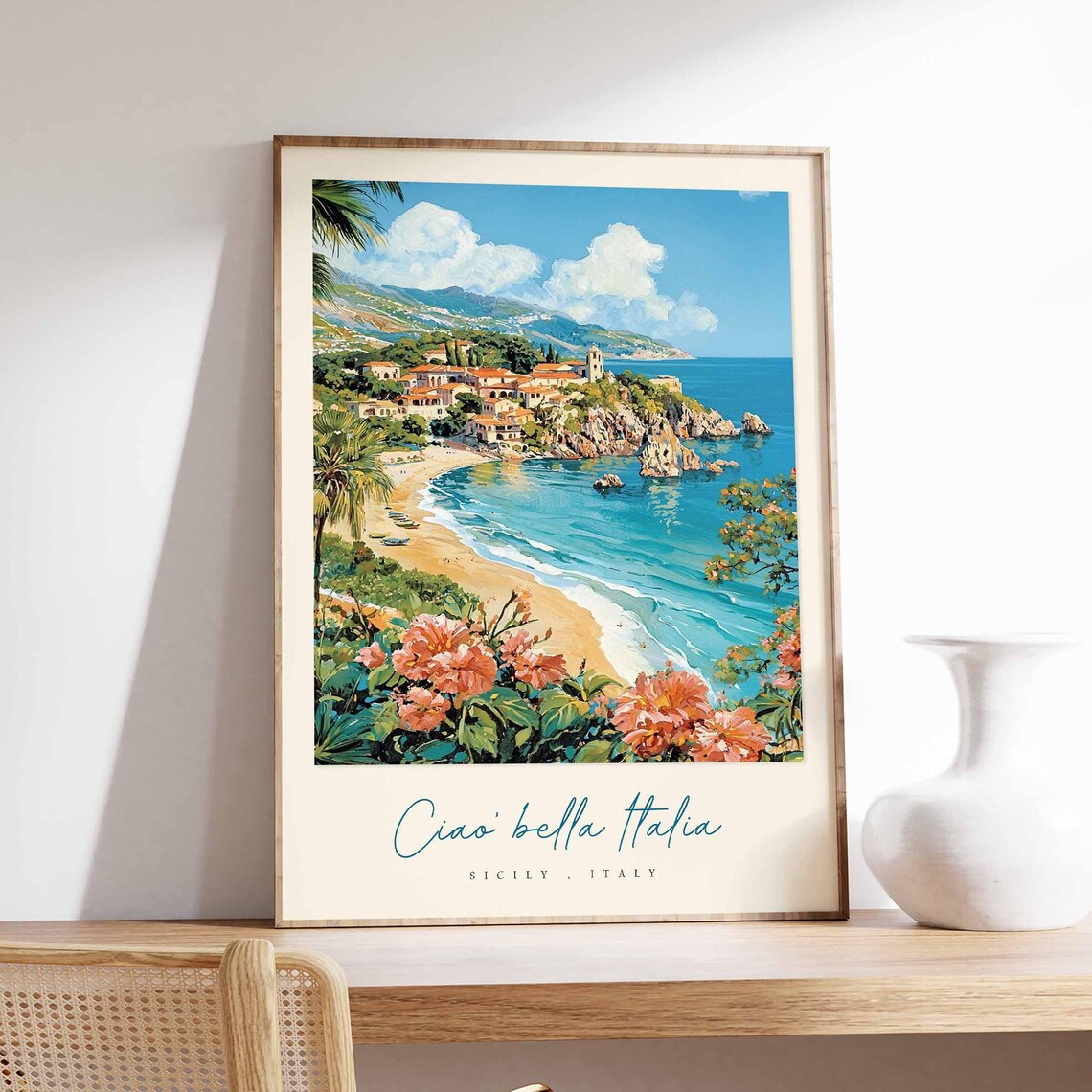 Sicily Italy Beach Resort Town Pink Blossom Framed Bay Travel Poster