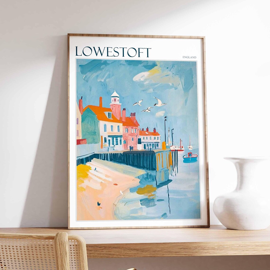 Lowestoft England Seagulls Beach Pastel Houses Fishing Boat Poster