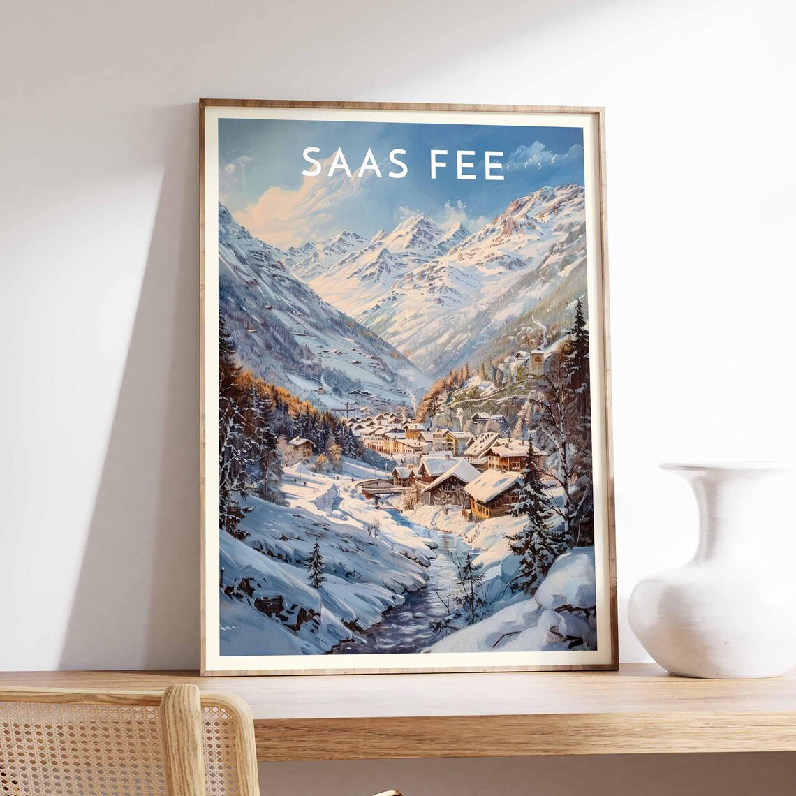 Saas Fee Switzerland Morning Valley Stream To Village Sunlit Peaks Poster