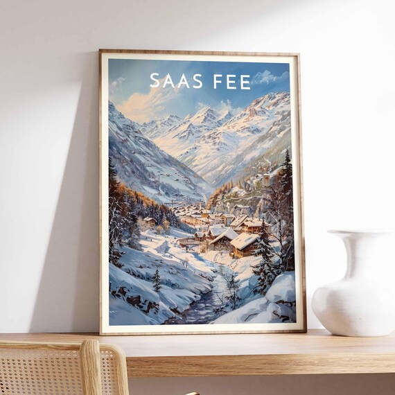 Saas Fee Switzerland Morning Valley Stream To Village Sunlit Peaks Poster