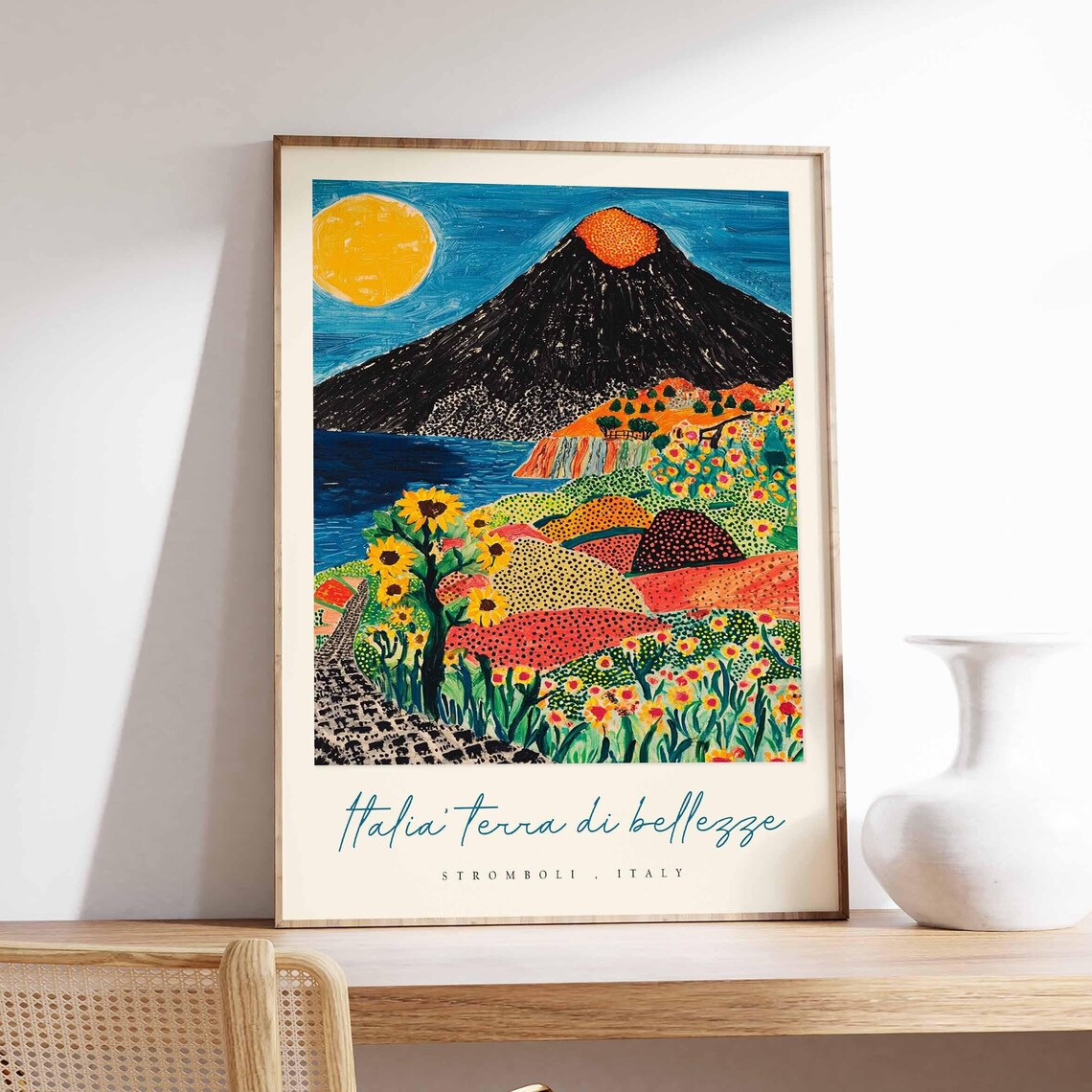 Stromboli Italy Volcano Poster Sunflowers Night Sky Folk Artwork