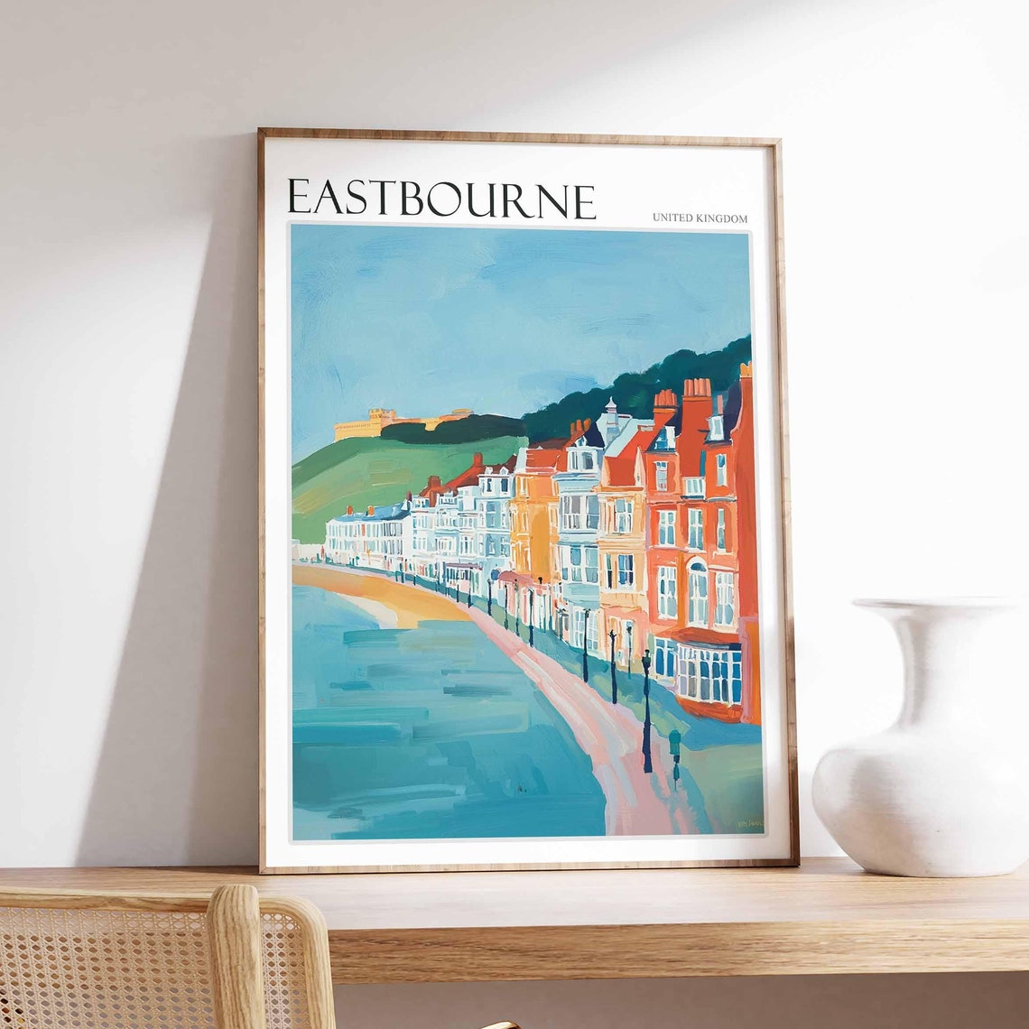 Eastbourne Seafront Terraced Houses Green Hills Painting Style Poster