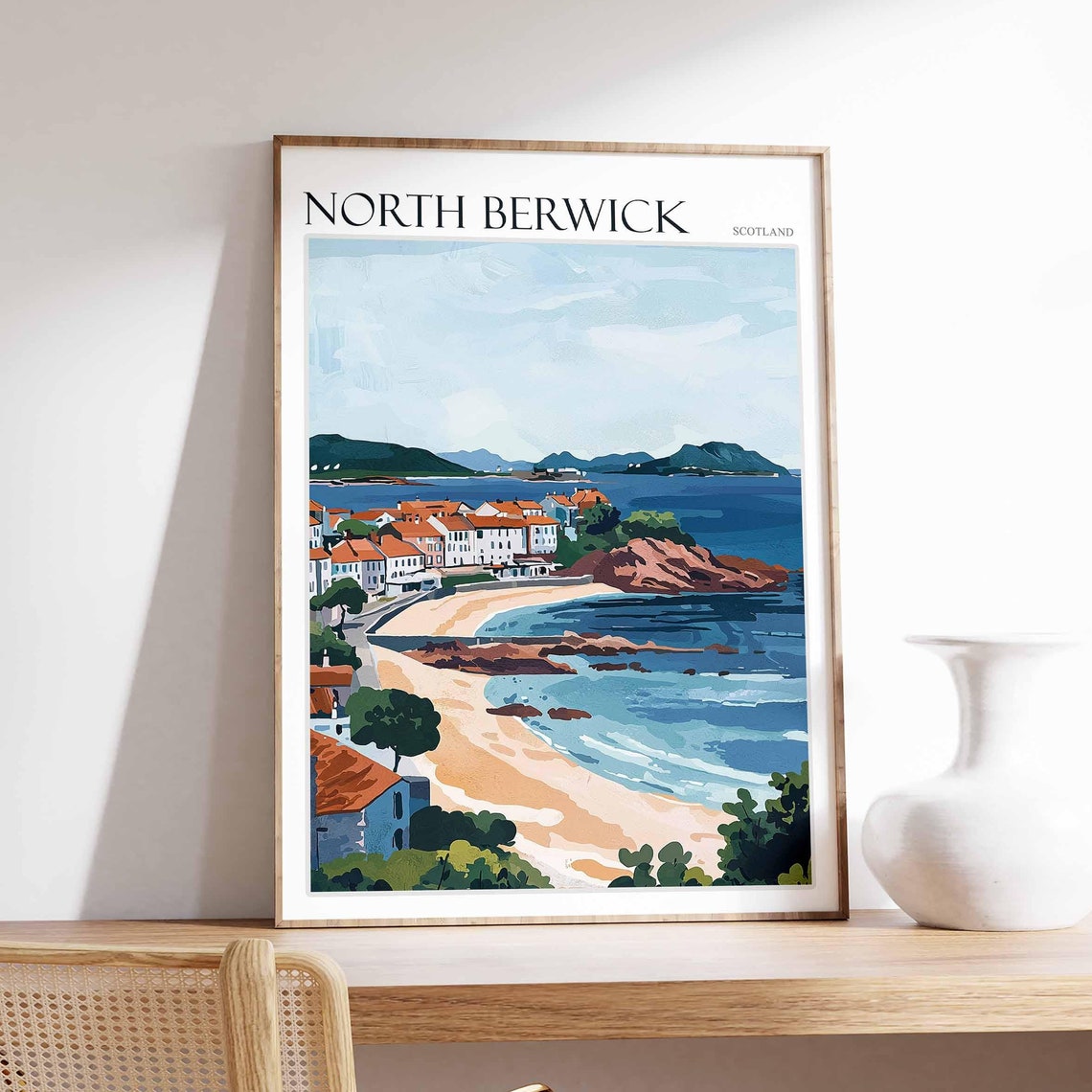 North Berwick Sandy Bay Islands Town Coast Scotland Travel Poster