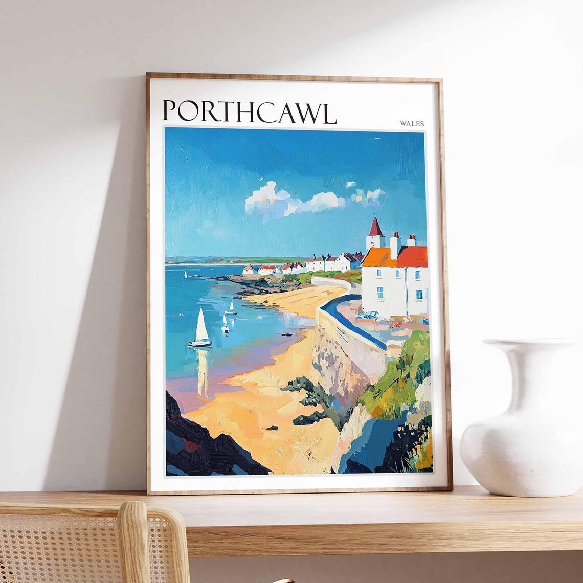 Porthcawl Wales Sailboats Seawall Cottages Scene Vintage Travel Poster