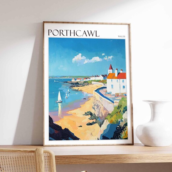 Porthcawl Wales Sailboats Seawall Cottages Scene Vintage Travel Poster