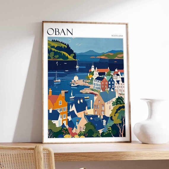 Oban Scotland Bay Sailboats Hillside Town Vintage Travel Poster