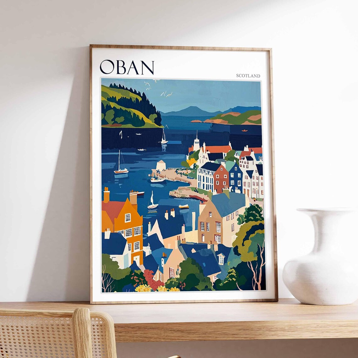 Oban Scotland Bay Sailboats Hillside Town Vintage Travel Poster