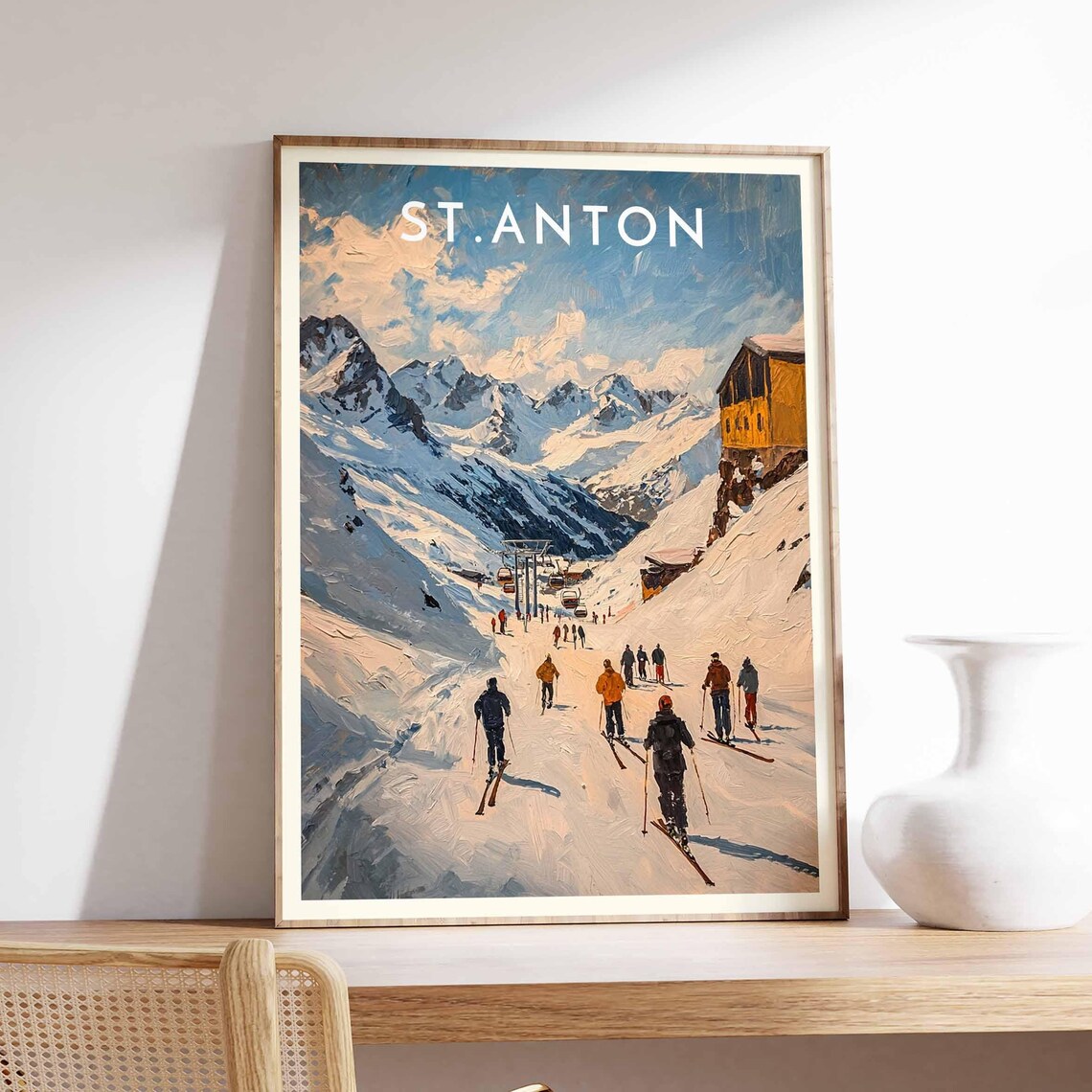 St Anton Austria Chairlift Skiers Sunny Alpine Slope View Poster