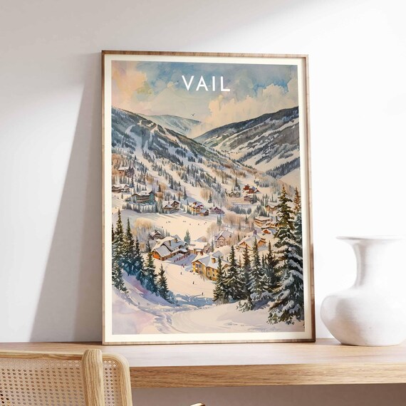 Vail Colorado Pastel Watercolor Alpine Valley Village Scene Poster