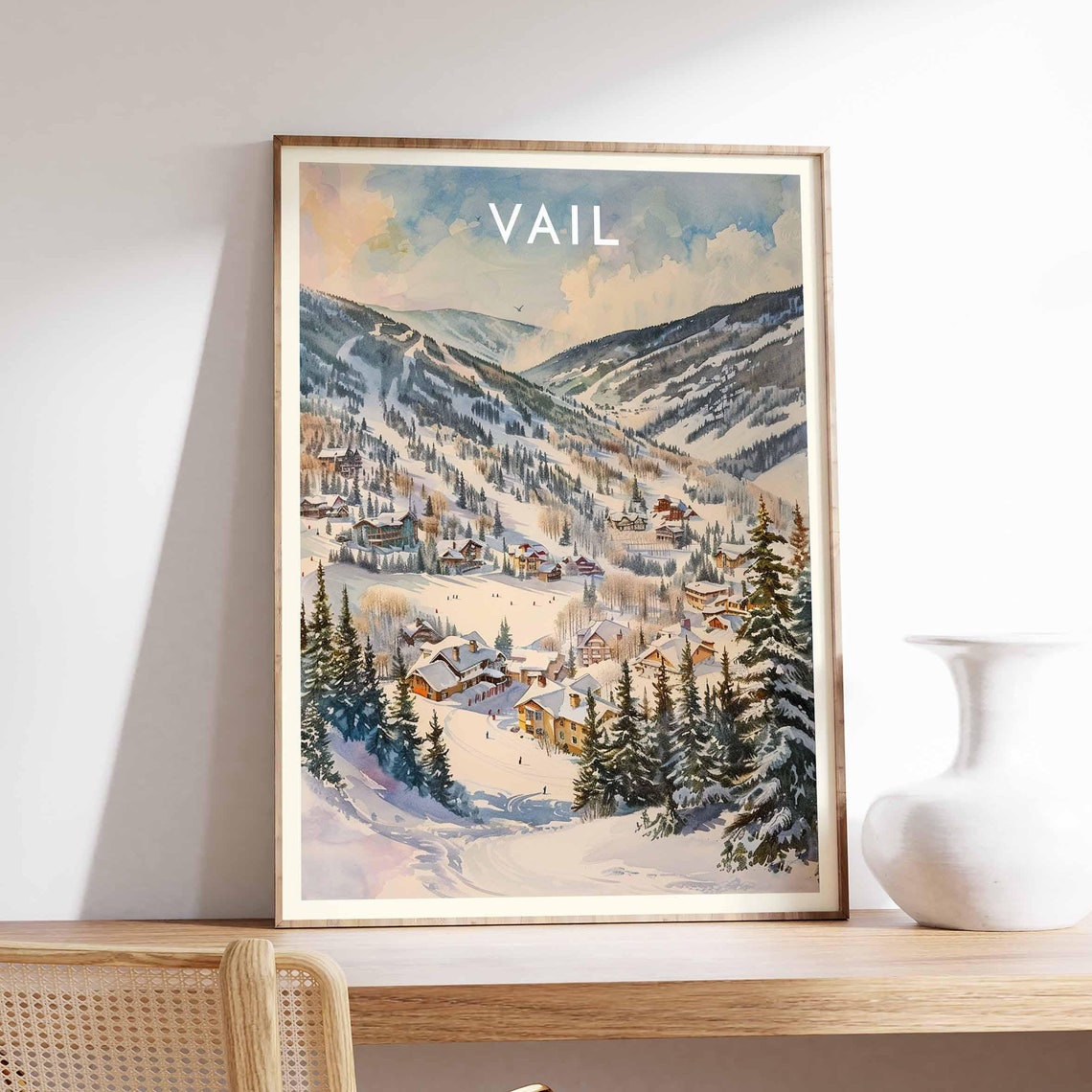 Vail Colorado Pastel Watercolor Alpine Valley Village Scene Poster