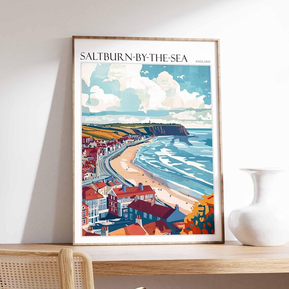Saltburn By The Sea England Coastal Beach Town Colorful Travel Poster