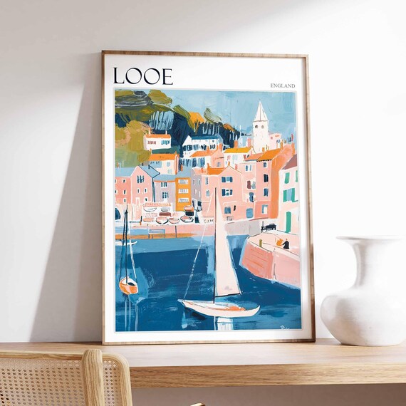 Looe England Harbour Town Church Tower Sailboats Fishing Port Poster