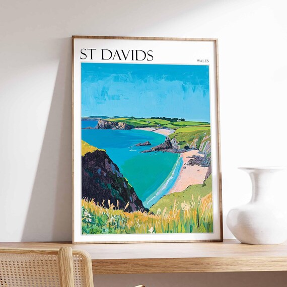 St Davids Wales Bright Turquoise Cove Dark Cliffs Sea View Poster