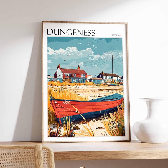 Dungeness England Red Rowboat and Shingle Beach Illustration Poster