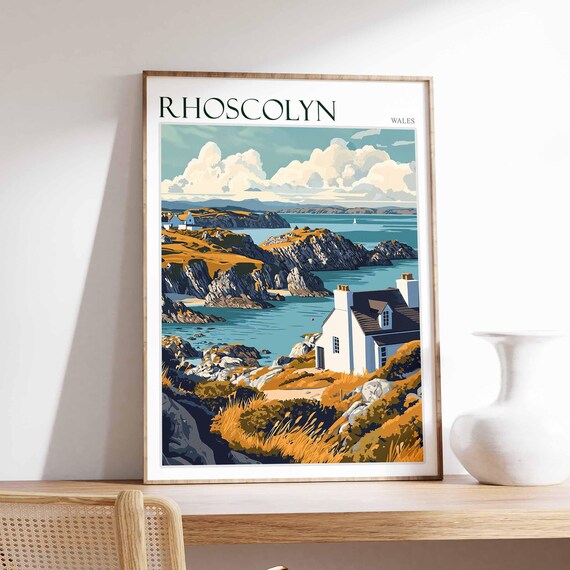 Rhoscolyn Wales White Cottage Golden Rocks Bay Scene Art Poster