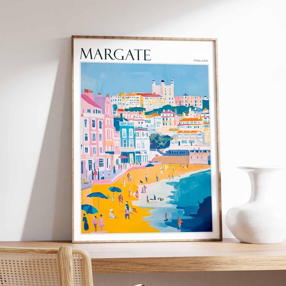Margate England Beachfront Pastel Buildings Umbrellas Art Poster
