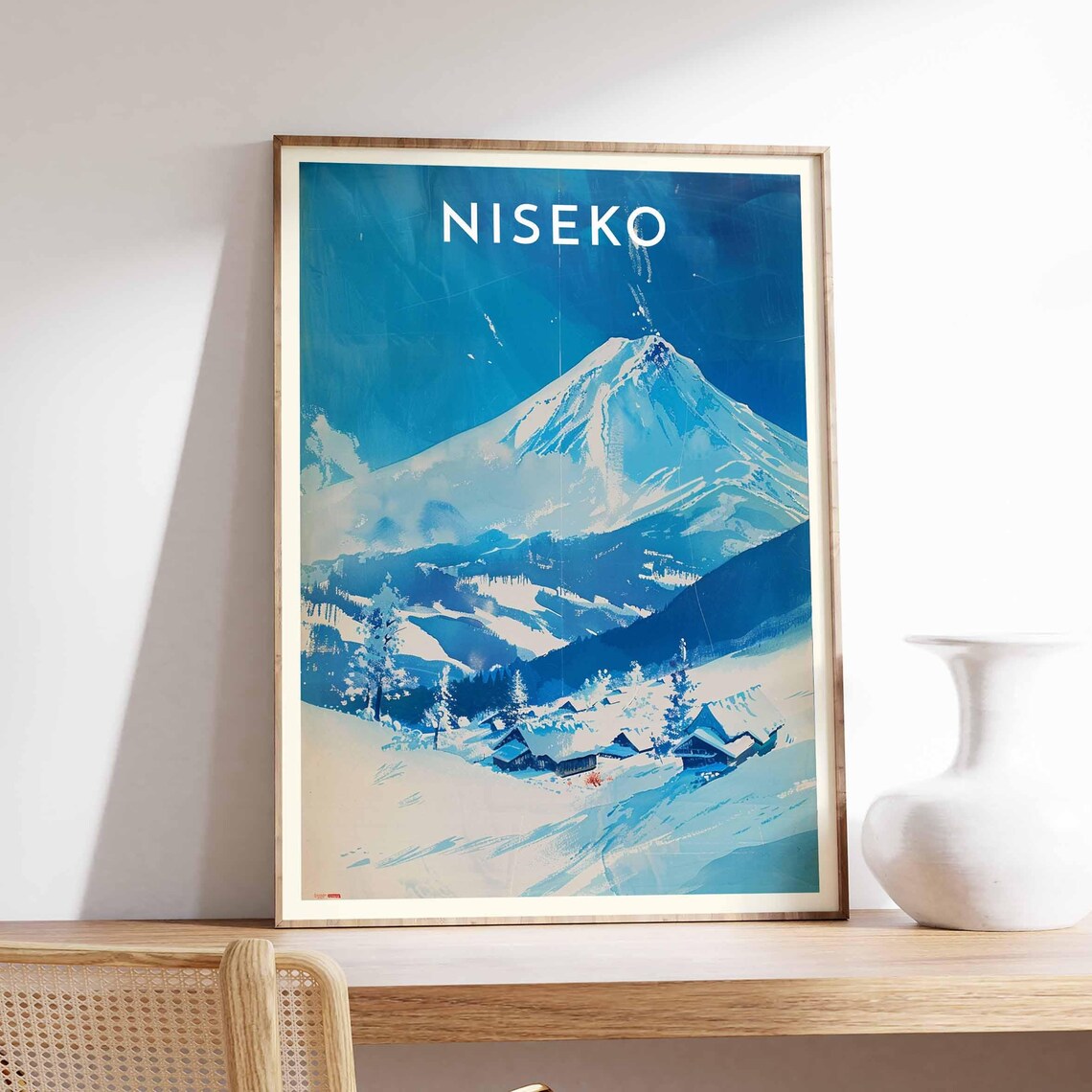 Niseko Japan Minimalist Blue Airy Peak Tiny Village Watercolor Poster