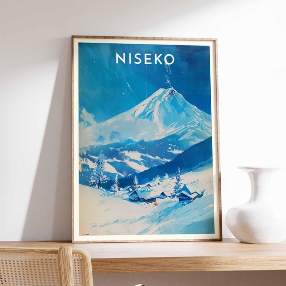 Niseko Japan Minimalist Blue Airy Peak Tiny Village Watercolor Poster