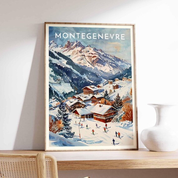 Montgenevre France Daytime Village Skiers Slope Rugged Peaks Ski Poster