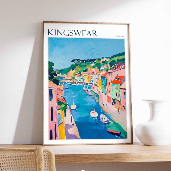 Kingswear England Narrow Harbor Pastel Houses Moored Boats Poster
