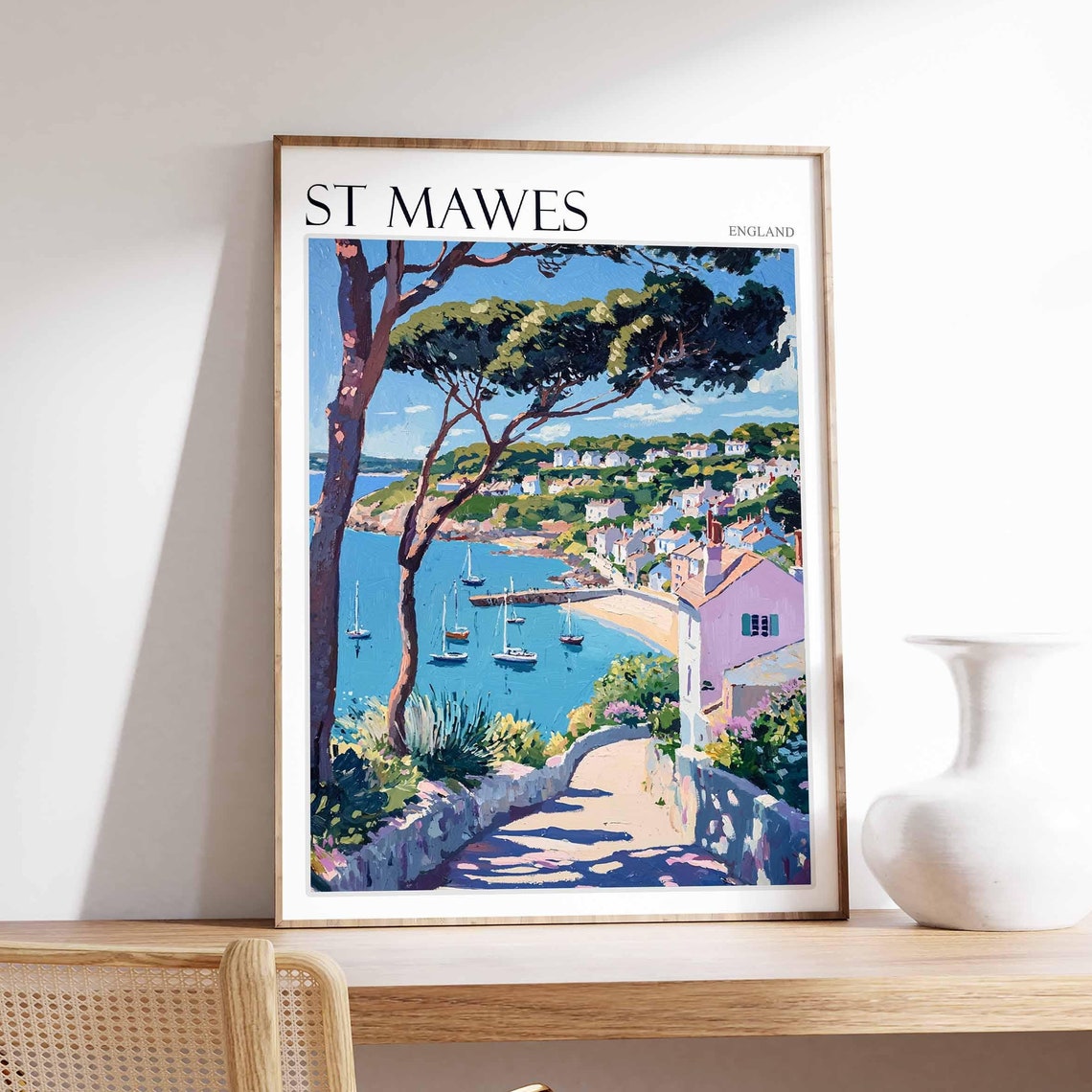 St Mawes England Pine Framed Bay Sailboats and Beachside Town Poster