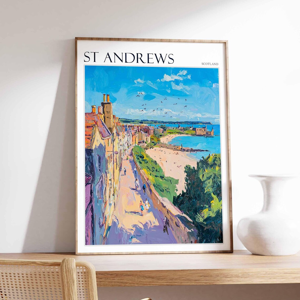St Andrews Scotland Old Town Street Seagulls Beach Painting Poster