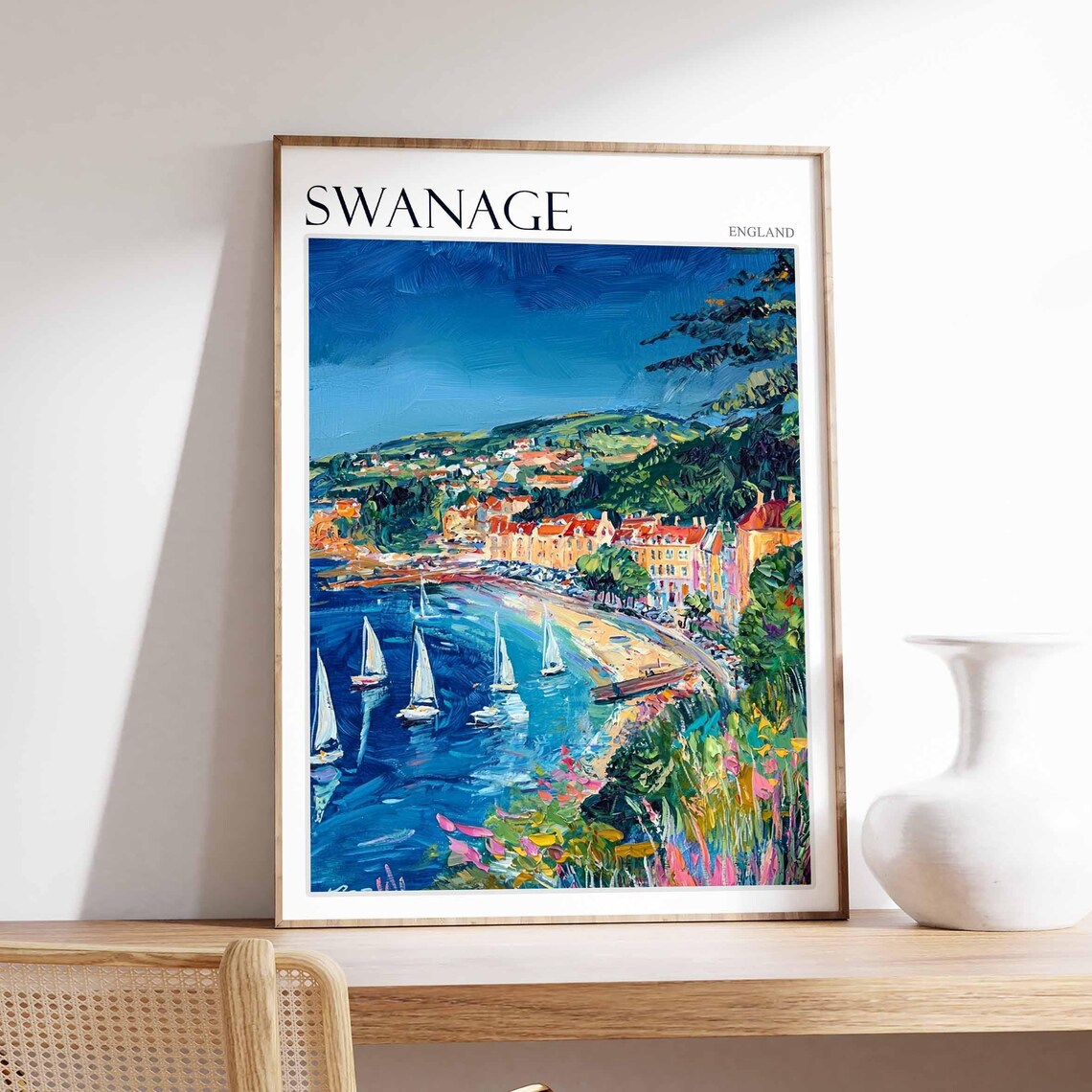 Swanage England Sailboat Harbor Bay Colorful Painting Travel Poster