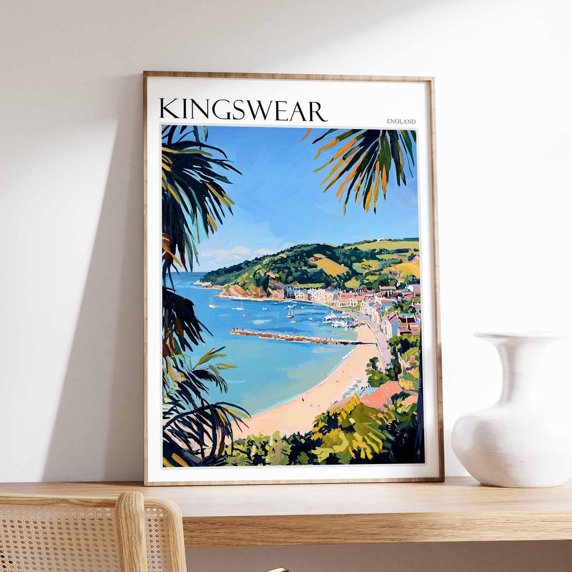 Kingswear England Bay Beach Palm Fronds Framed Coastal Art Poster