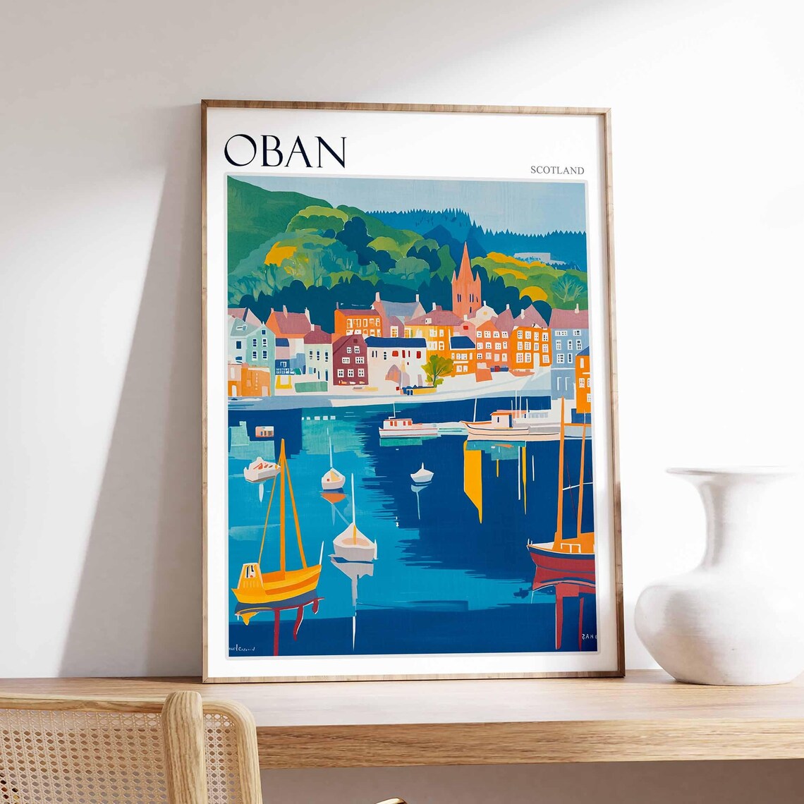 Oban Waterfront Boat Reflections Hillside Town Scotland Travel Poster