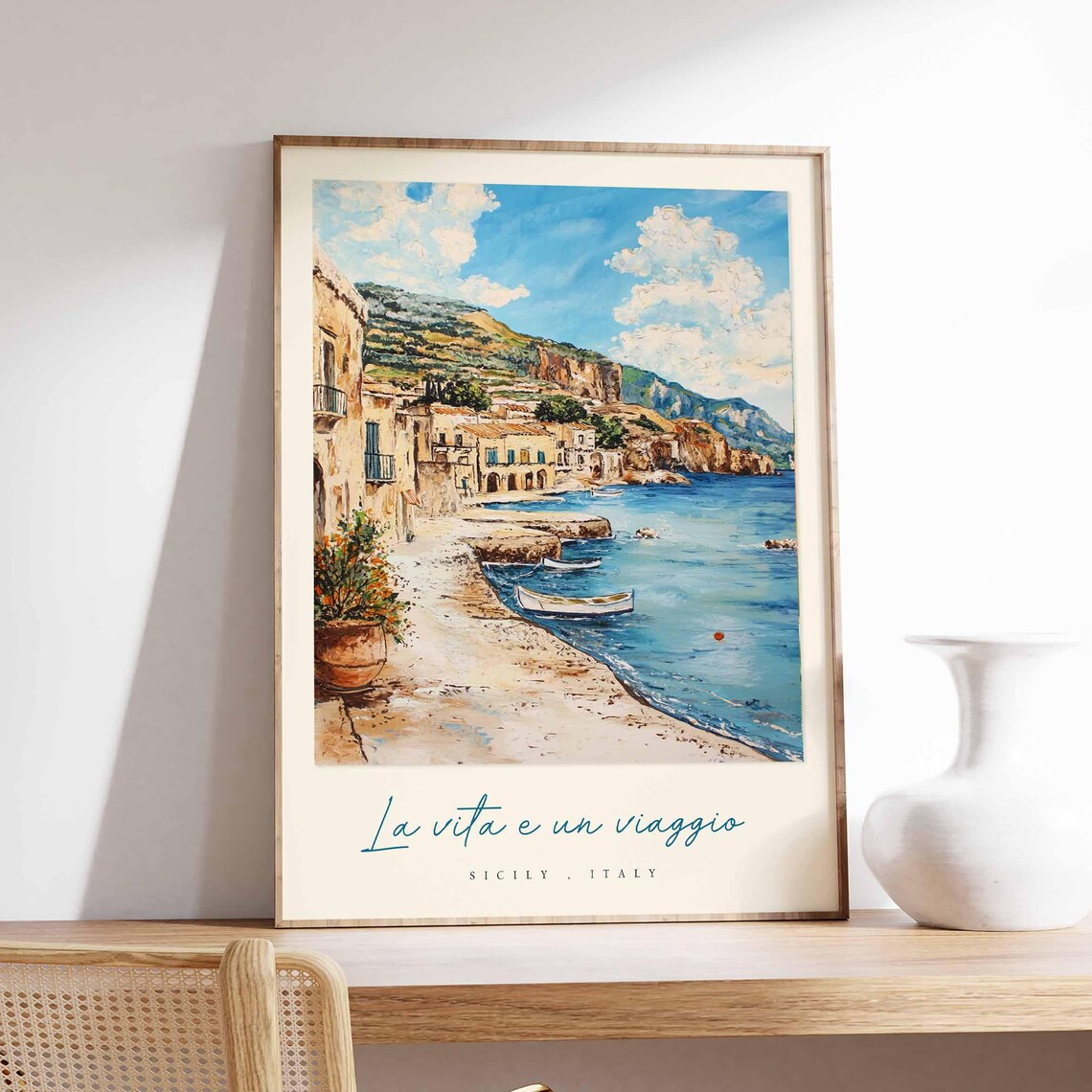 Sicily Italy Fishing Village Seafront Boats Cliffs Travel Poster