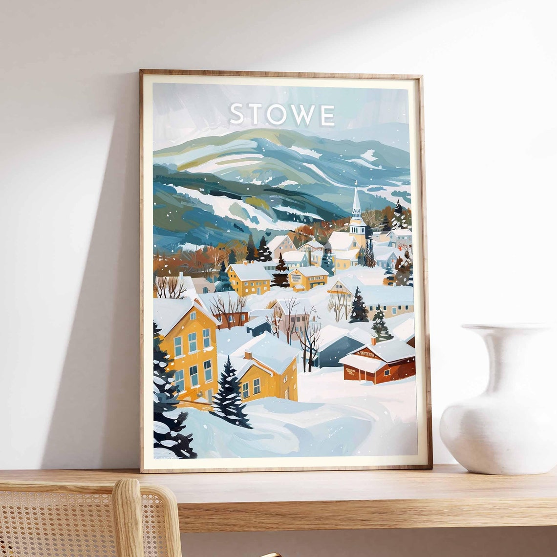 Stowe Golden Village and White Church Steeple Mountain Poster