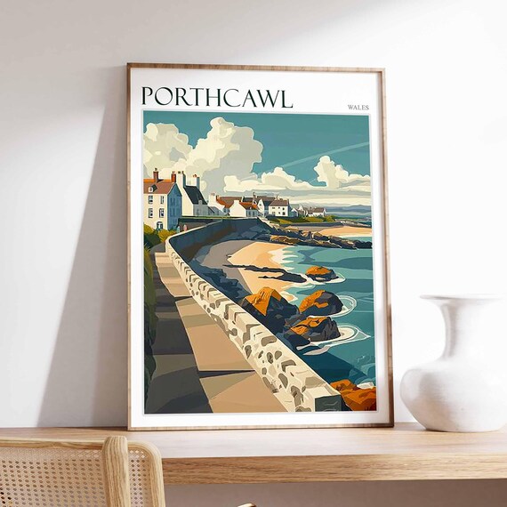 Porthcawl Wales Seafront Promenade Rocks Scene Vintage Travel Poster