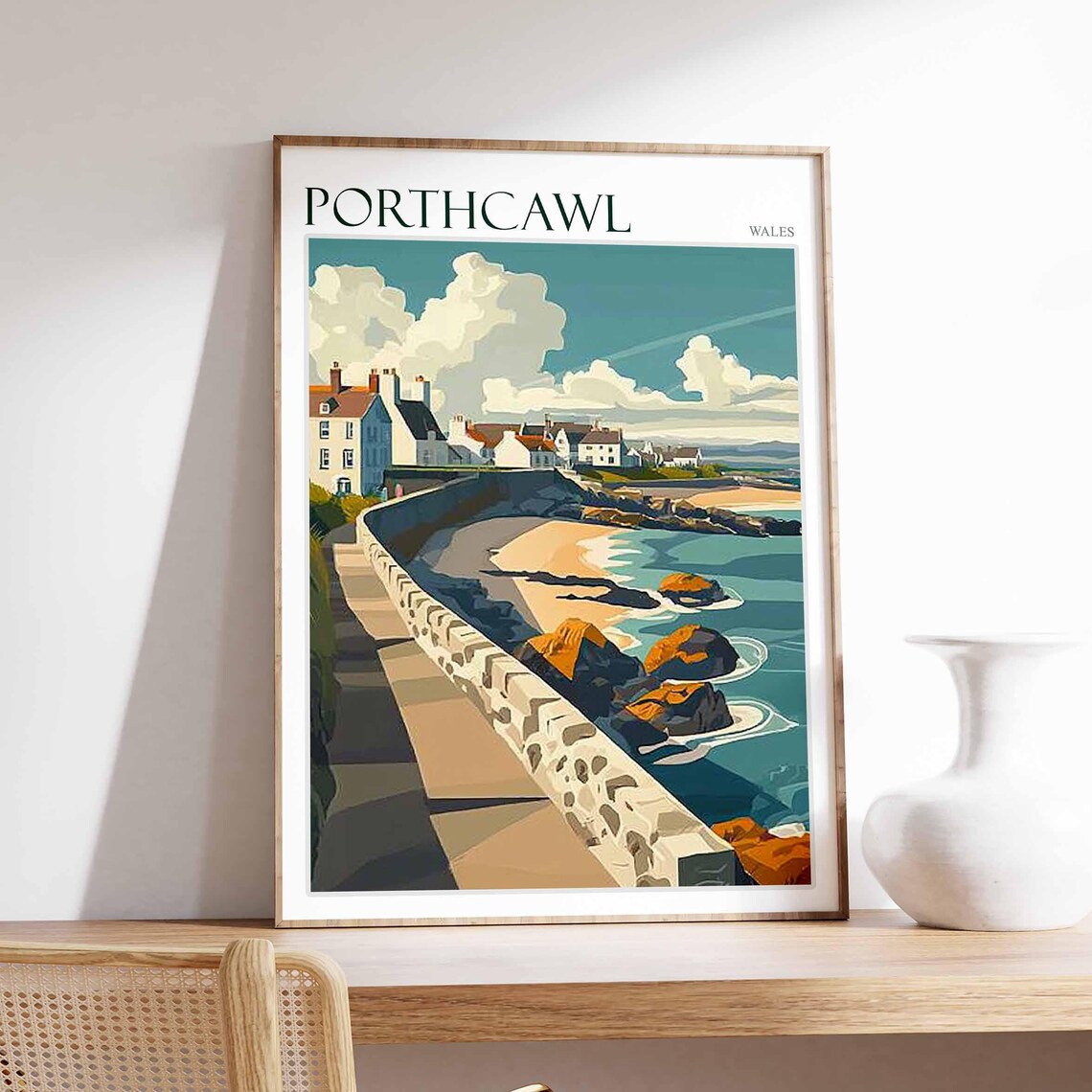 Porthcawl Wales Seafront Promenade Rocks Scene Vintage Travel Poster