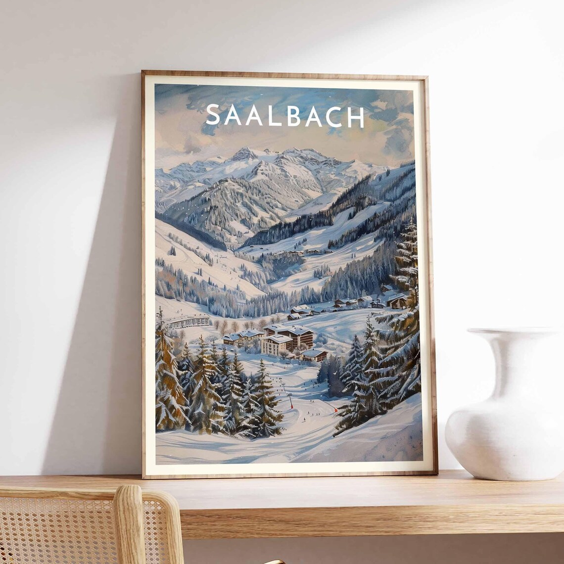 Saalbach Austria Scenic Watercolor Mountain Resort Vista Poster
