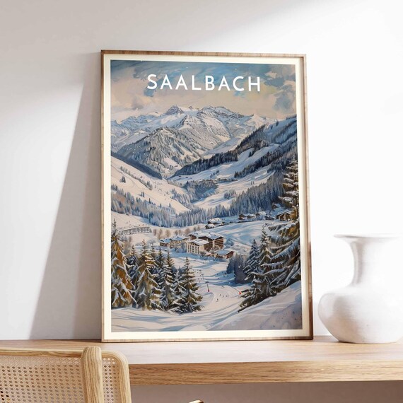 Saalbach Austria Scenic Watercolor Mountain Resort Vista Poster