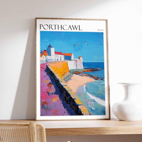 Porthcawl Wales Pier Breakwater Lighthouse Scene Vintage Travel Poster