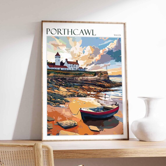 Porthcawl Wales Sunset Beach Rowboat Scene Vintage Travel Poster