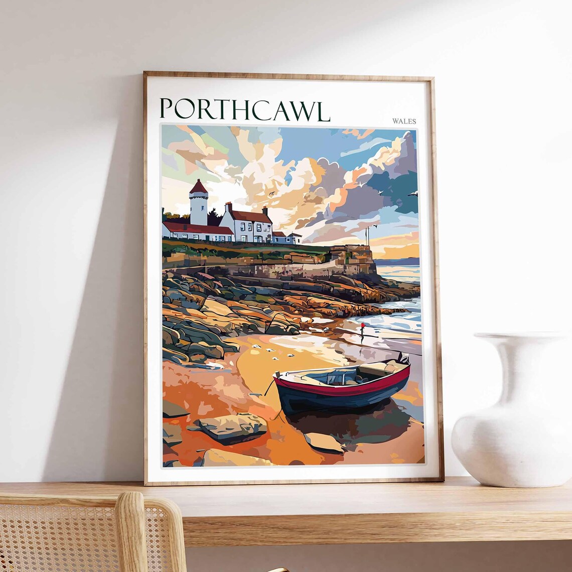 Porthcawl Wales Sunset Beach Rowboat Scene Vintage Travel Poster