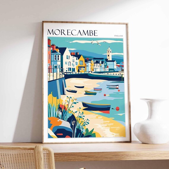 Morecambe Colorful Harbor Wall Fishing Boats England Travel Poster