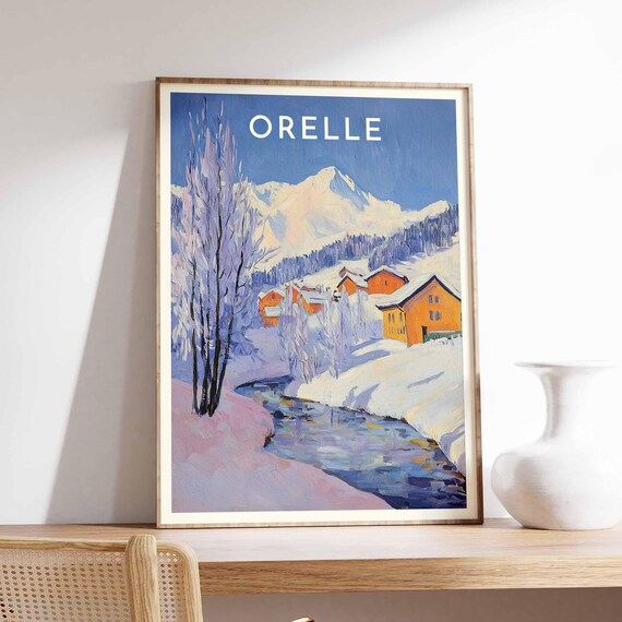 Orelle France Snow Village River Pink Peaks Winter Travel Poster