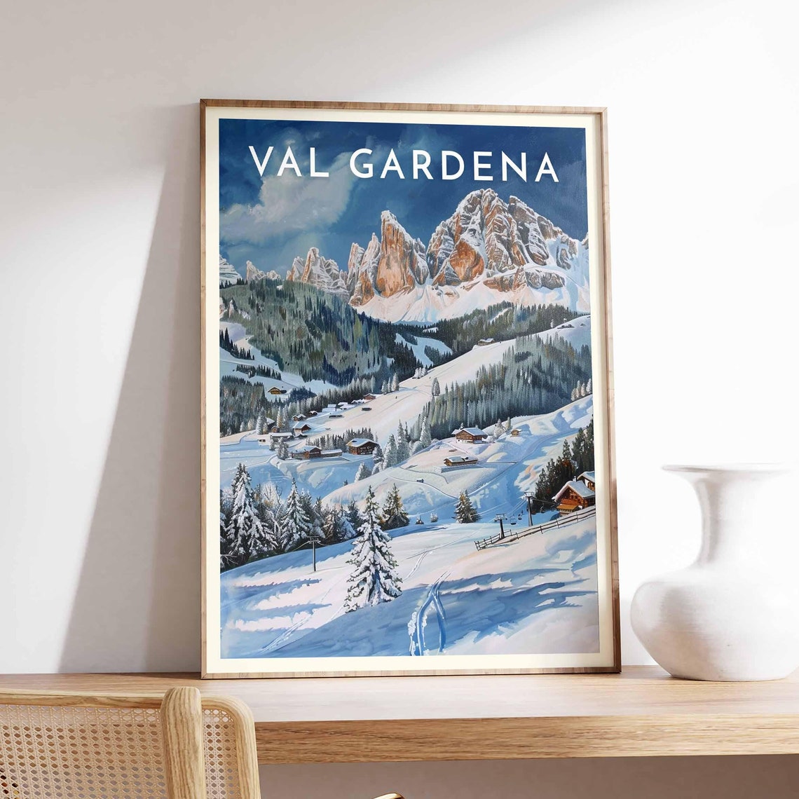 Val Gardena Italy Rugged Dolomite Peaks Village Blue Sky Poster