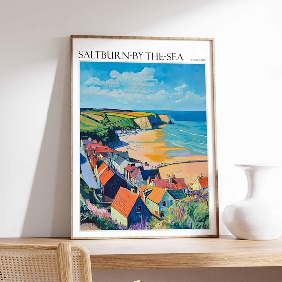 Saltburn-by-the-Sea England Aerial Town Rooftops Beach Travel Poster