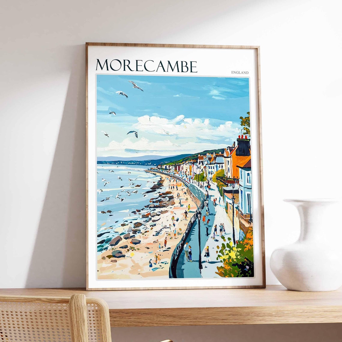 Morecambe England Seagulls Rocky Beach Promenade Buildings Poster