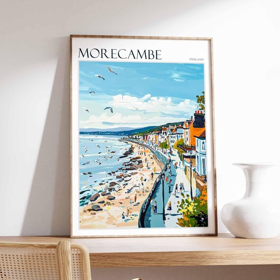 Morecambe England Seagulls Rocky Beach Promenade Buildings Poster